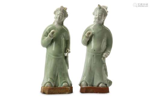 TWO CHINESE CELADON-GLAZED FIGURES OF LADIES.