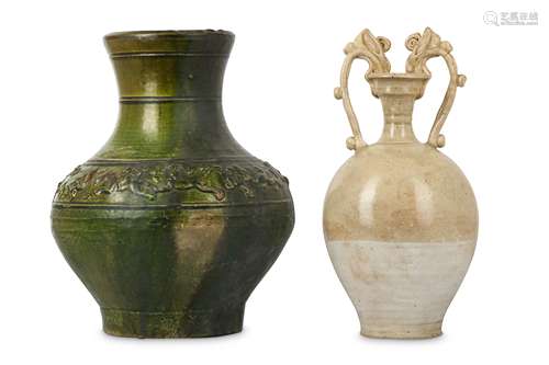 A CHINESE AMPHORA AND A GREEN-GLAZED VASE.