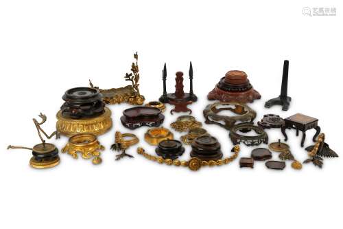 A COLLECTION OF CHINESE WOOD STANDS, GILT-BRONZE C