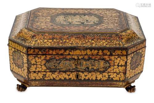 A CHINESE BLACK AND GILT-LACQUER SEWING BOX.