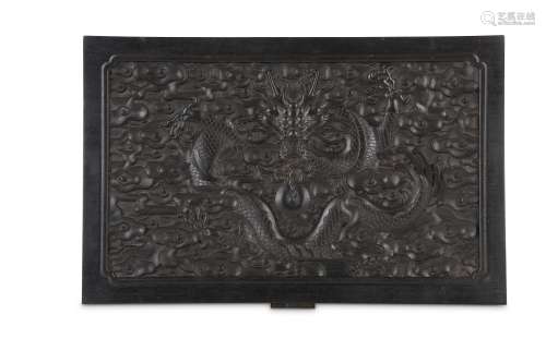 A CHINESE HARDWOOD CARVED 'DRAGON' BOX.