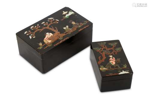 TWO CHINESE LACQUERED WOOD AND HARDSTONE-INLAID RE