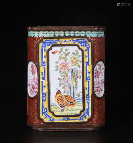 CHINESE ENAMEL BIRD AND FLOWER SQUARE BRUSH POT