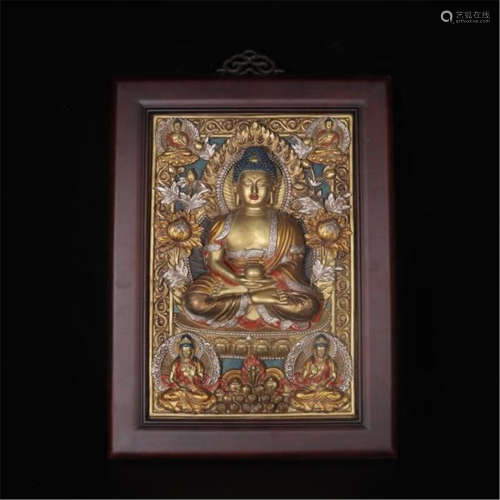 TIBETAN COLOR PAINTED WOOD PLAQUE OF SEATED BUDDHA