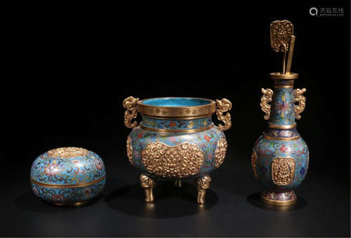 THREE CHINESE CLOISONNE FLOWER VASE CENSER BOX