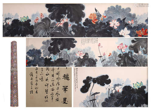 CHINESE HAND SCROLL PAINTING OF LOTUS WITH CALLIGRAPHY IN ROSEWOOD CASE