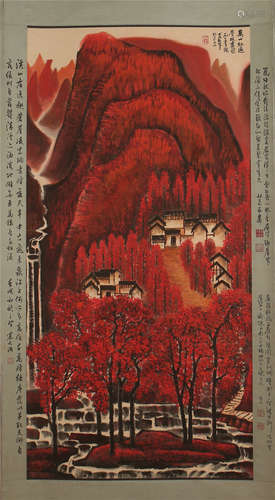 CHINESE SCROLL PAINTING OF MOUNTAIN VIEWS WITH CALLIGRAPHY