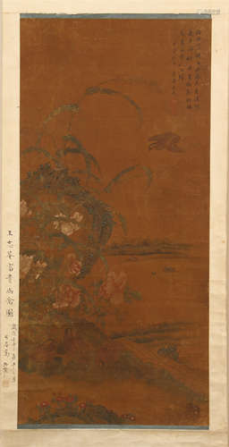 CHINESE SCROLL PAINTING OF BIRD AND FLOWER WITH CALLIGRAPHY