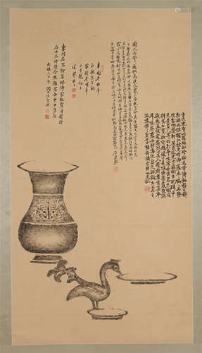 CHINESE SCROLL PAINTING OF ANTIQUE VESSELS WITH CALLIGRAPHY