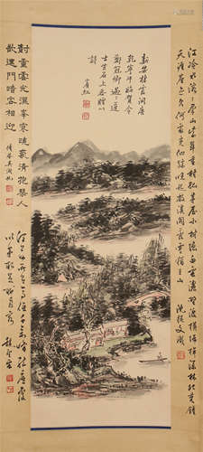 CHINESE SCROLL PAINTING OF MOUNTAIN VIEWS WITH CALLIGRAPHY