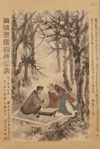 CHINESE SCROLL PAINTING OF MEN IN WOOD WITH CALLIGRAPHY