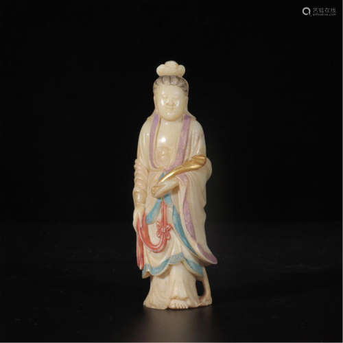 CHINESE COLOR PAINTED SOAPSTONE STANDING GUANYIN