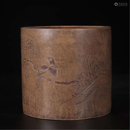 CHINESE YIXING ZISHA CLAY BIRD AND FLOWER POEM BRUSH POT