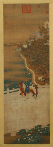 CHINESE SCROLL PAINTING OF HORSE MAN IN PALACE