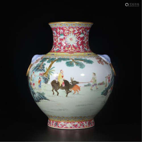 CHINESE PORCELAIN FAMILLE ROSE FIGURE AND STORY VASE