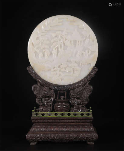 CHINESE WHITE JADE ROUND PLAQUE ROSEWOOD TABLE SCREEN