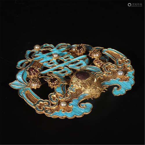 CHINESE GILT SILVER KINGFISHER FEATHER DECOR HAIR PIN