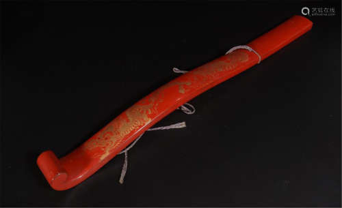 CHINESE GOLD PAINTED RED LACQUER RUYI SCEPTER