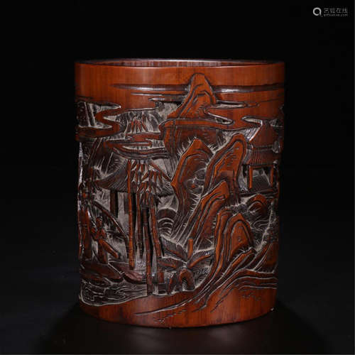 CHINESE BAMBOO MOUNTAIN VIEW BRUSH POT