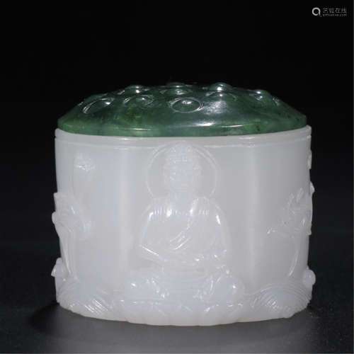 CHINESE WHITE JADE BUDDHA ARCHER'S RING CASE WITH SPINACH JADE LIDDER