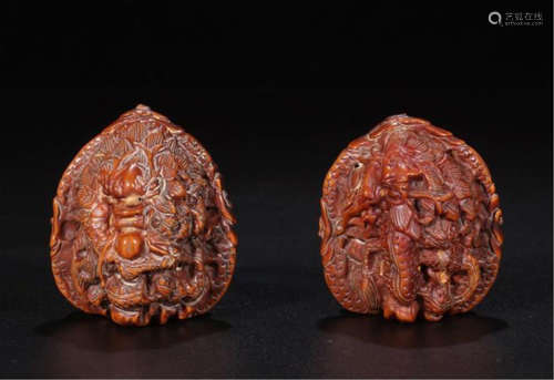 PAIR OF CHINESE WALNUT KERNEL CARVED DRAGON TABLE ITEM