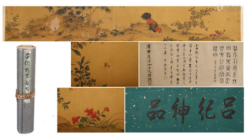 CHINESE HNAD SCROLL PAINTING OF ROOSTER AND FLOWER WITH CALLIGRAPHY