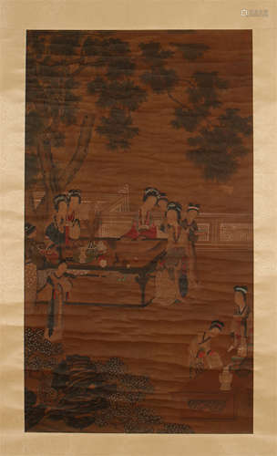 CHINESE SCROLL PAINTING OF BEAUTY IN GARDEN