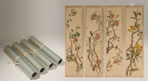 FOUR PANELS OF CHINESE SCROLL PAINTING OF BIRD AND FLOWER