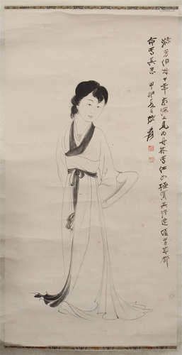 CHINESE SCROLL PAINTING OF BEAUTY WITH CALLIGRAPHY