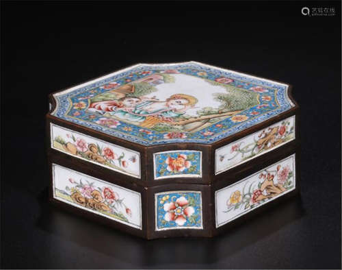 CHINESE ENAMEL WESTERN BEAUTY LIDDED SQUARE BOX