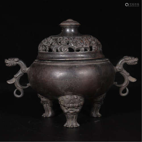 CHINESE BRONZE DRAGON HANDLE TRIPLE FEET LIDDED CENSER