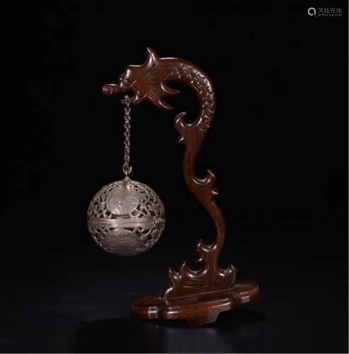 CHINESE SILVER INCENSE CAGE ON ROSEWOOD FRAME