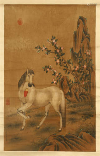 CHINESE SCROLL PAINTING OF HORSE IN MOUNTAIN
