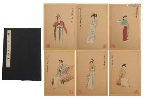 SIX PAGES OF CHINESE ALBUM PAINTING OF BEAUTY