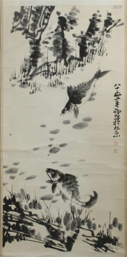 CHINESE SCROLL PAINTING OF FISH AND ROCK