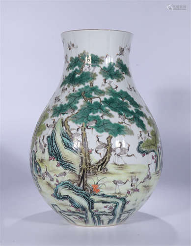 CHINESE PORCELAIN FAMILLE ROSE CRANE AND PINE ZUN VASE