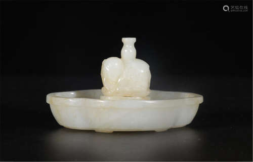 CHINESE WHITE JADE ELEPHANT INCENSER HOLDER DISH