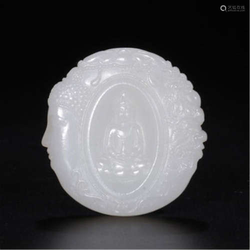 CHINESE WHITE JADE BUDDHA ROUND PENDNAT