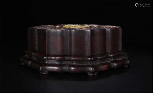 CHINESE GEM STONE INLAID HARDWOOD ZITAN LIDDED BOX