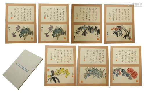 FORTEEN PAGES OF CHINESE ALBUM PAINTING OF FLOWER WITH CALLIGRAPHY