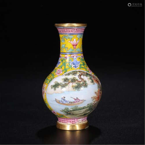 CHINESE ENAMEL MAN UNDER PINE VASE