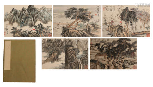 SEVEEN PAGES OF CHINESE ALBUM PAINTING OF MOUNTAIN VIEWS