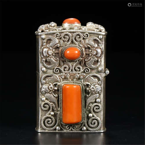 CHINESE CORAL INLAID SILVER LIGHTER