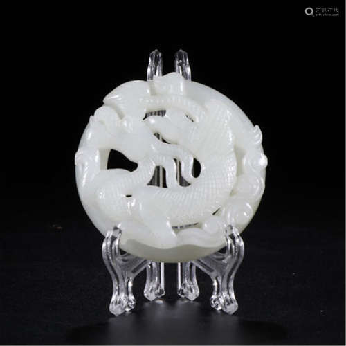 CHINESE WHITE JADE ROUND DRAGON PLAQUE