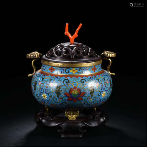 CHINESE CLOISONNE FLOWER LINGCHI HANDLE CENSER WITH ROSEWOOD LIDDER AND BASE