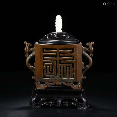 CHINESE BRONZE DRAGON HANDLE SQUARE CENSER WITH ROSEWOOD LIDDER AND BASE