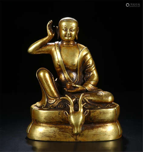 CHINESE GILT BRONZE SEATED BUDDHA ON DEER