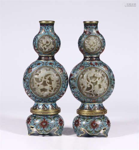 PAIR OF CHINESE JADE PLAQUE INLAID CLOISONNE FLOWER DOULBE GOURD VASES ON BASE