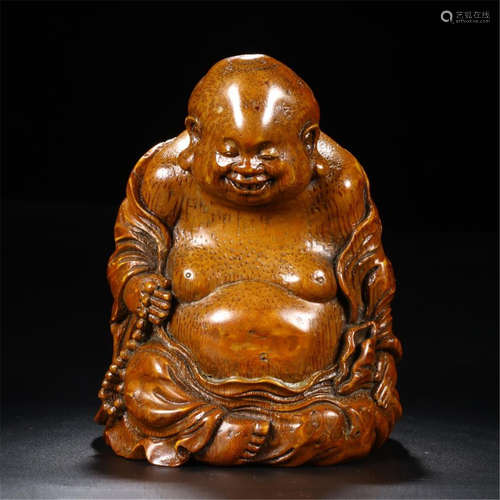 CHINESE BAMBOO CARVED SEAED BUDDHA