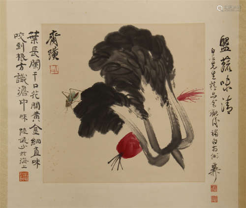 CHINESE SCROLL PAINTING OF INSECT AND CABBAGE WITH CALLIGRAPHY